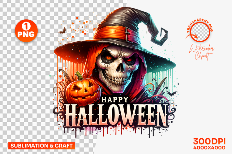 Happy Halloween Witch Skull Pumpkin Sublimation Clipart PNG