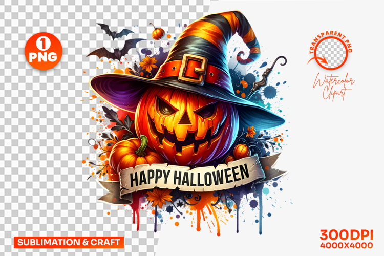 Happy Halloween Witch Hat Pumpkin Sublimation Clipart PNG