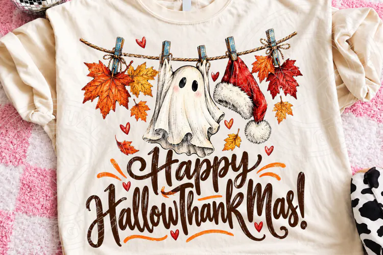 Happy HallowThanksMas Cute Ghost Halloween Thanksgiving Chri