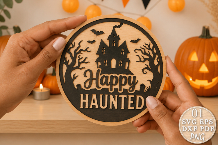 Happy Haunted House Halloween Door Sign SVG example image 1