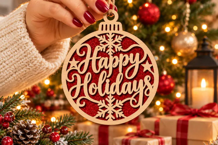 Happy Holidays Bauble Laser Cut Wood File, Christmas SVG