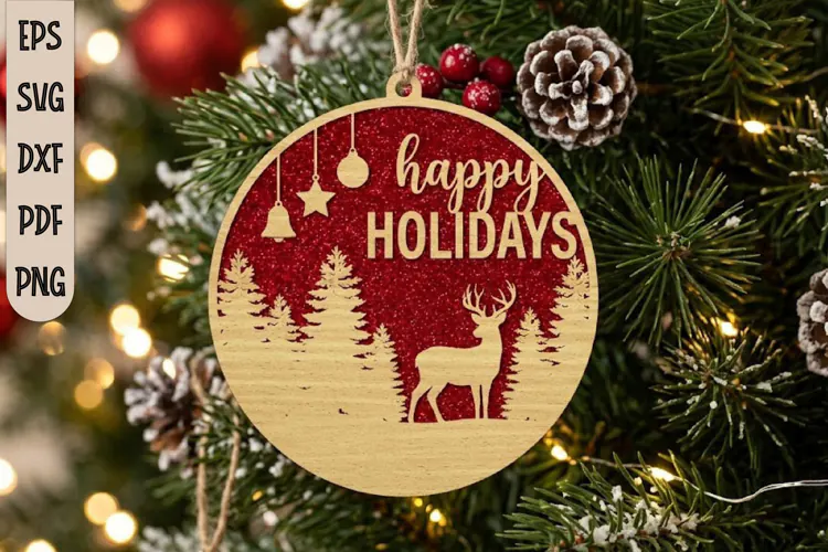 Happy Holidays Deer Ornament SVG,Forest Christmas Bauble