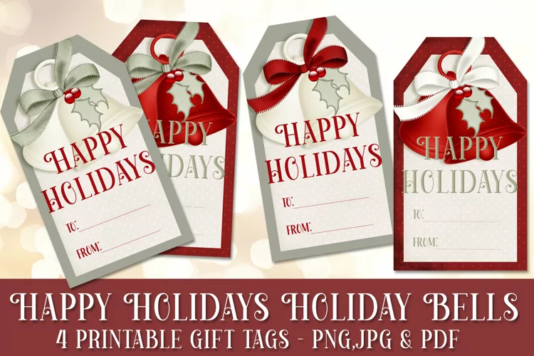 Happy Holidays - Holiday Bells Gift Tags & Sheet, Printable