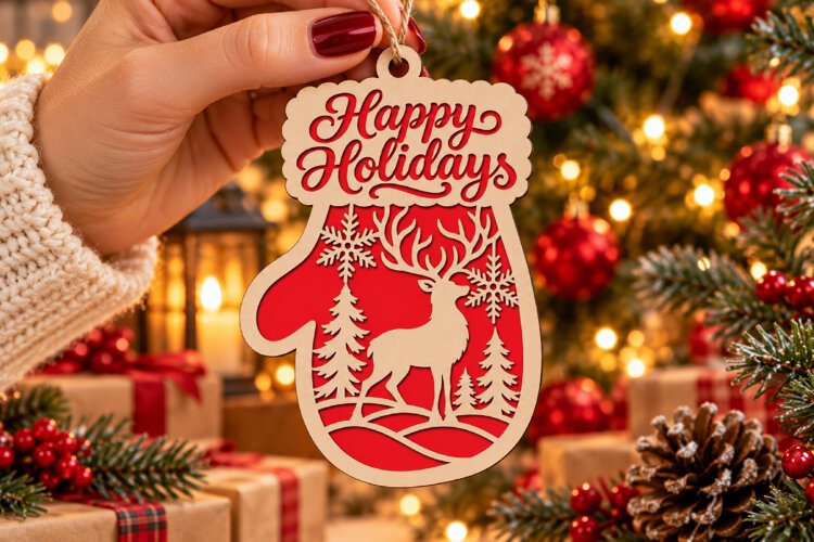 Happy Holidays Mitten Laser Cut Wood File, Christmas SVG example image 1