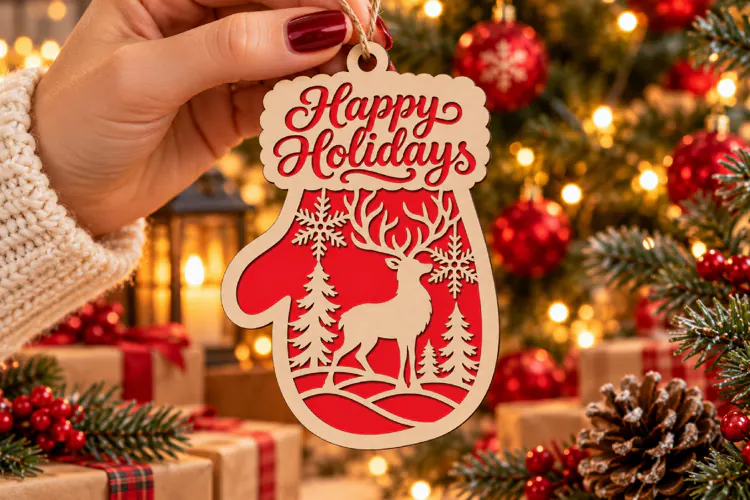 Happy Holidays Mitten Laser Cut Wood File, Christmas SVG
