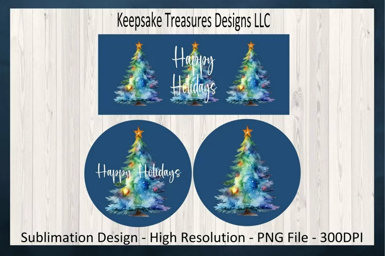 Happy Holidays Christmas Tree 11oz Mug Wrap and Coasters PNG