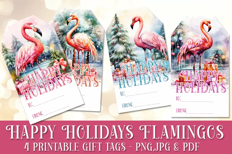 Happy Holidays - Pink Flamingos Gift Tags & Sheet, Printable