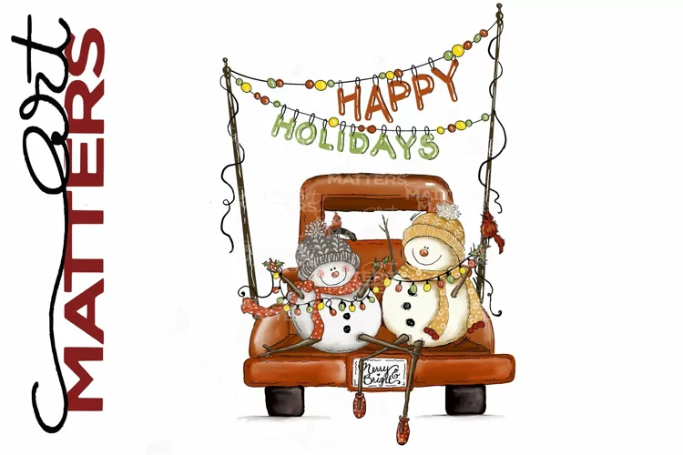 Happy Holidays Vintage Truck Snowmen - 300 DPI - Hand Paint