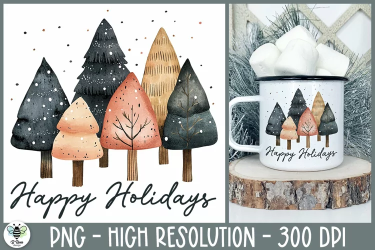 Watercolor Christmas Trees PNG | Happy Holidays PNG