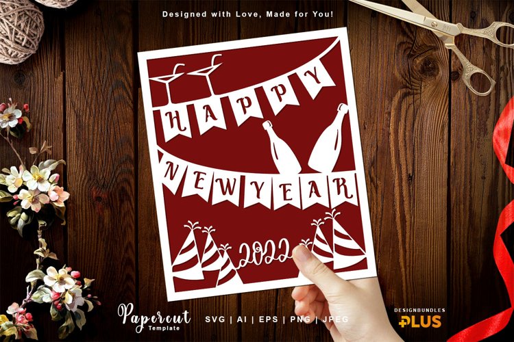 Wine Bottles   Party Hats, Happy New Year 2022 Greeting Card