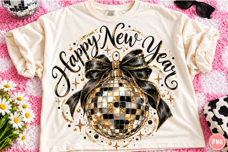 Happy New Year Disco Ball PNG | Glam Black Bow New Year Png
