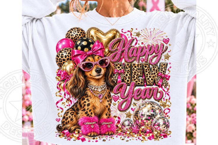 Happy New Year 2027 PNG, Glam Leopard Dog Pink Bow Disco Bal example image 1