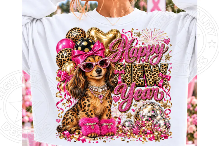Happy New Year 2027 PNG, Glam Leopard Dog Pink Bow Disco Bal