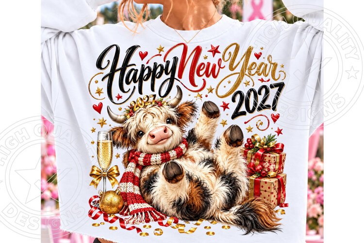 Happy New Year 2027 Highland Cow PNG | Cute Champagne Cow Su example image 1