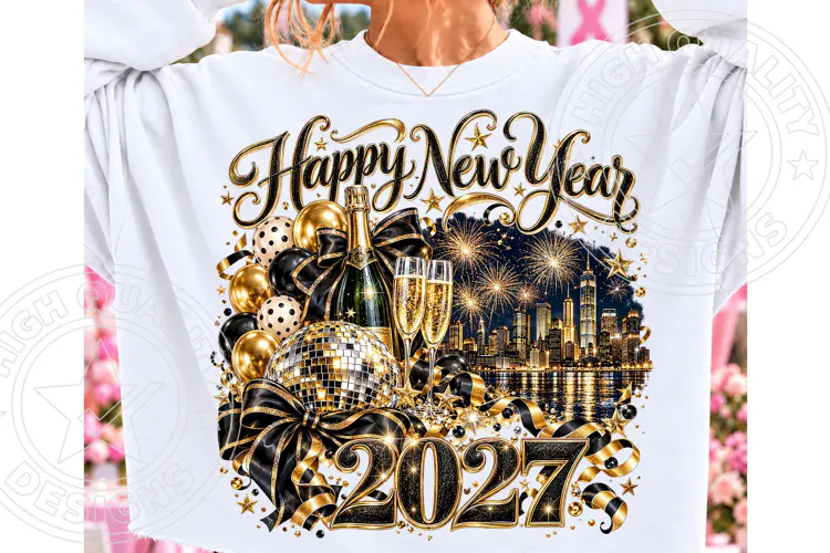 Happy New Year 2027 PNG, Black & Gold Champagne Disco Ball S