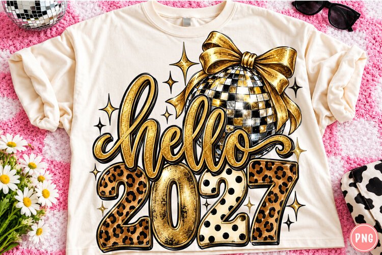 Hello 2027 PNG | Leopard Disco Ball Bow New Year Sublimation example image 1