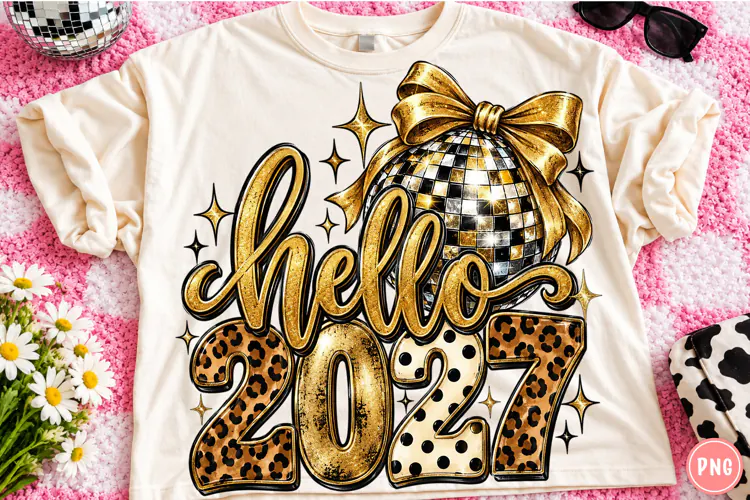 Hello 2027 PNG | Leopard Disco Ball Bow New Year Sublimation