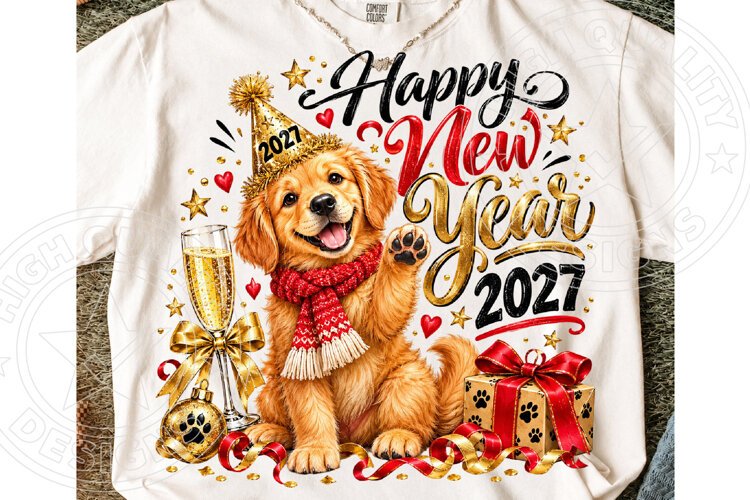 Happy New Year 2027 Golden Retriever Celebration PNG example image 1