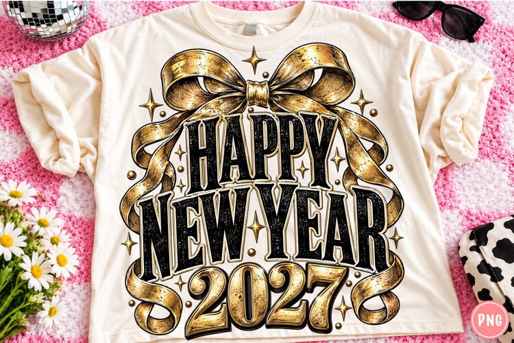 Happy New Year 2027 PNG | Elegant Gold Bow Luxury Png example image 1