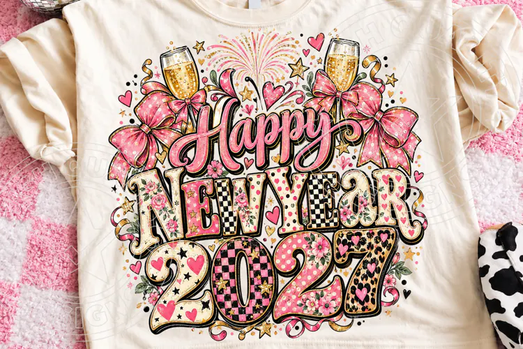 Happy New Year 2027 Pink Bow Glam Celebration PNG