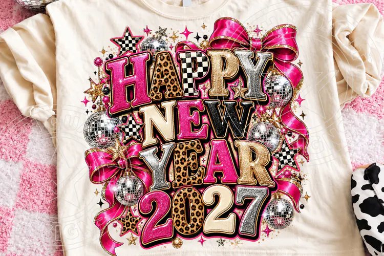 Happy New Year 2027 Pink Leopard Disco Glam Party PNG