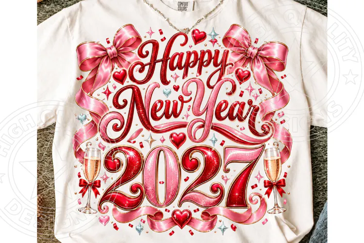 Happy New Year 2027 Pink Bow Glam Celebration PNG