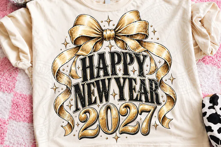 Happy New Year 2027 PNG | Elegant Gold Bow New Year Sublimat