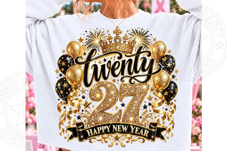 Happy New Year 2027 PNG | Black Gold Glitter Luxury Party Su