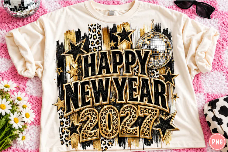 Happy New Year 2027 PNG | Leopard Disco Ball Glam Party Png