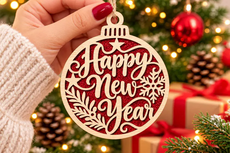 Happy New Year Bauble Laser Cut Wood File, Christmas SVG