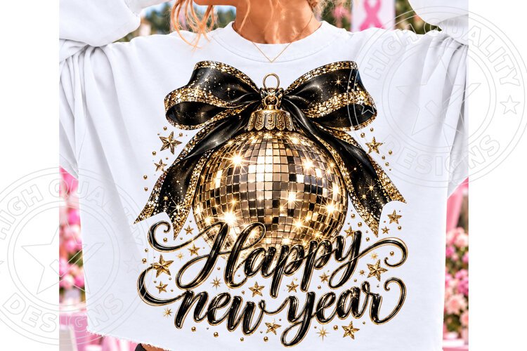 Happy New Year Black Gold Disco Ball Bow PNG | Glam Party Su example image 1