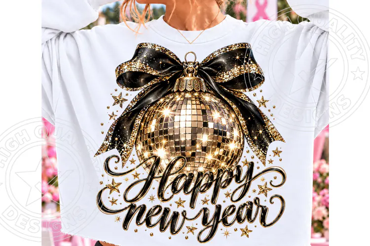Happy New Year Black Gold Disco Ball Bow PNG | Glam Party Su