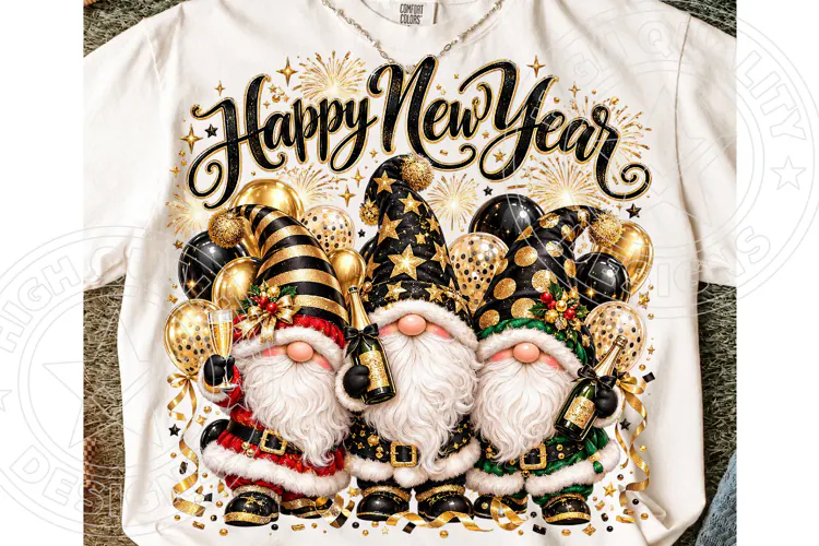 Happy New Year Gnome Trio PNG | Black & Gold Celebration Sub
