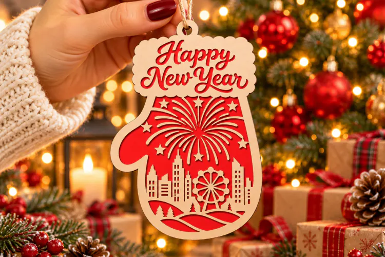 Happy New Year Mitten Laser Cut Wood File, Christmas SVG