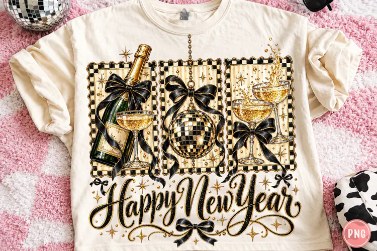 Happy New Year PNG, Champagne Disco Ball New Years Eve Desig