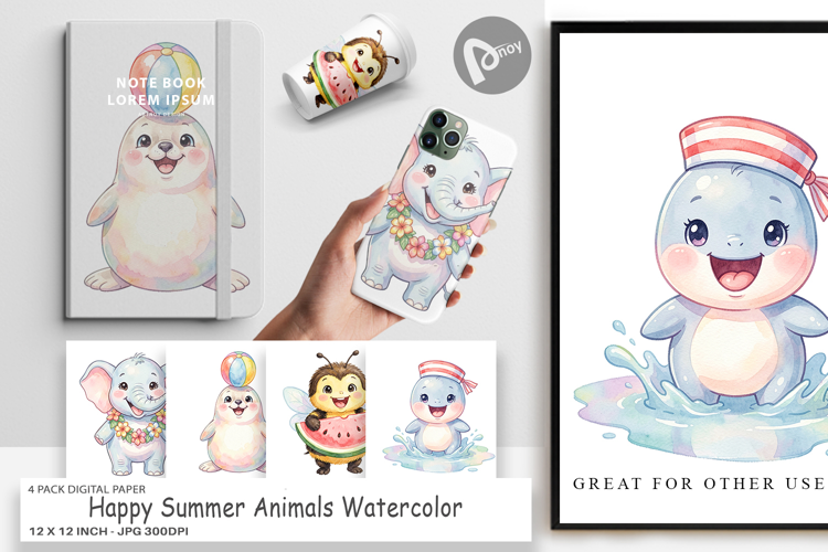 Happy Summer Animals Digital Paper