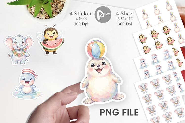 Happy Summer Animals Watercolor Sticker