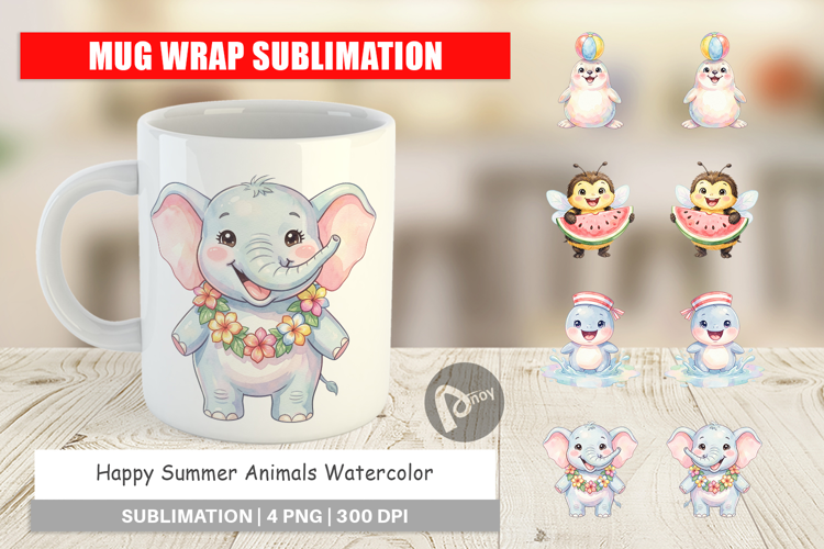 Happy Summer Animals Watercolor Mug Wrap