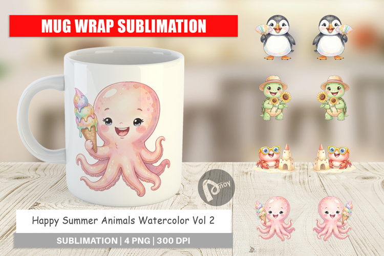Happy Summer Animals Watercolor Mug Wrap