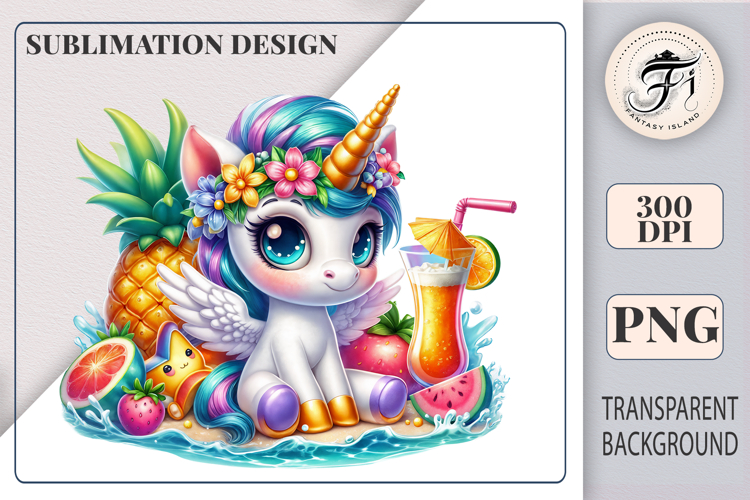 Beach Party Cute Unicorn with Wings Sublimation Clipart PNG
