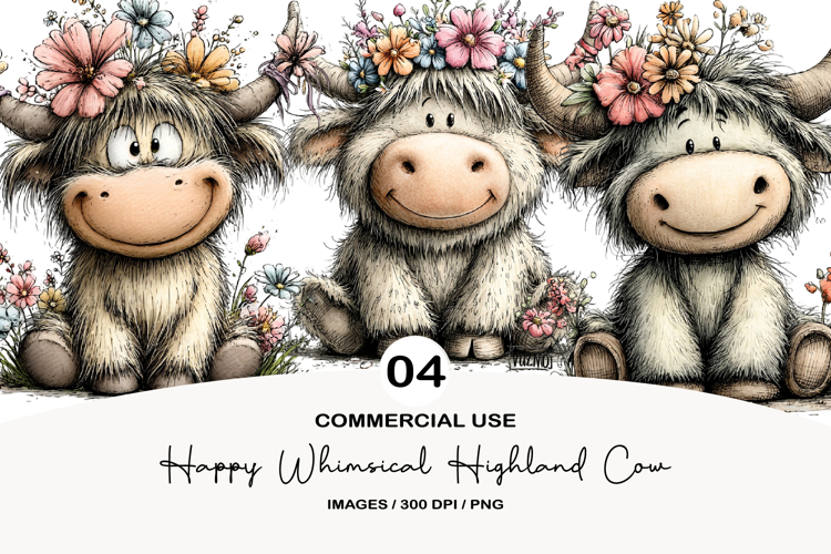 Happy Whimsical Highland Cow Celebrating Easter