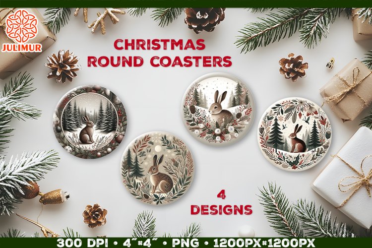 Rustic Woodland Hare Christmas Coaster Sublimation Design