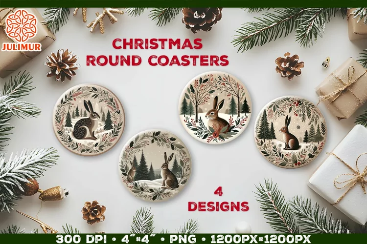 Rustic Woodland Hare Christmas Coaster Sublimation Design