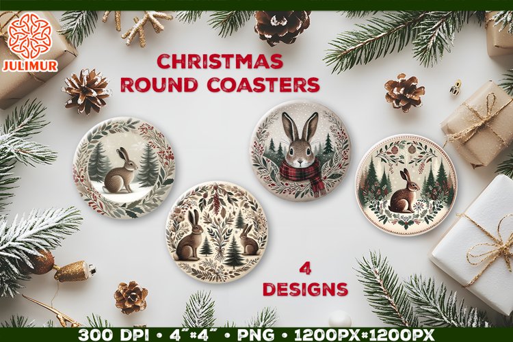 Rustic Woodland Hare Christmas Coaster Sublimation Design example image 1
