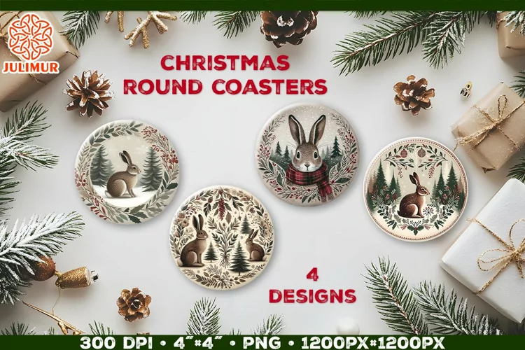 Rustic Woodland Hare Christmas Coaster Sublimation Design