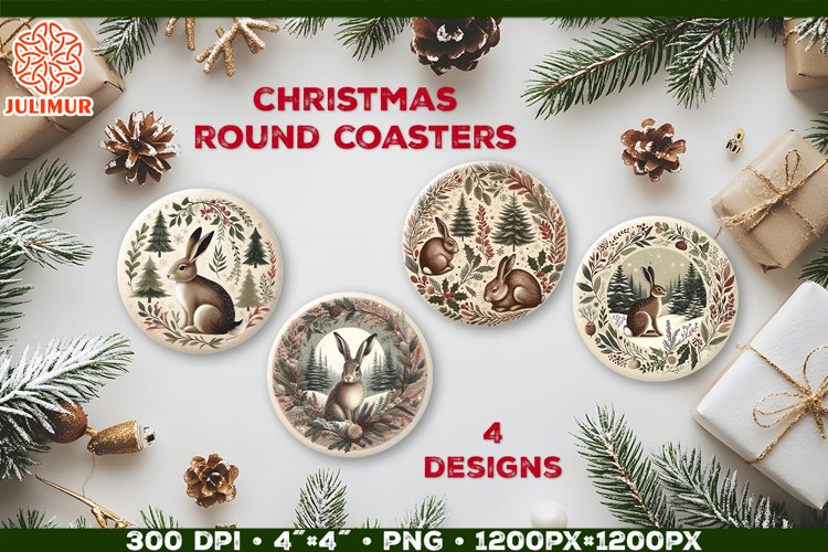 Rustic Woodland Hare Christmas Coaster Sublimation Design example image 1