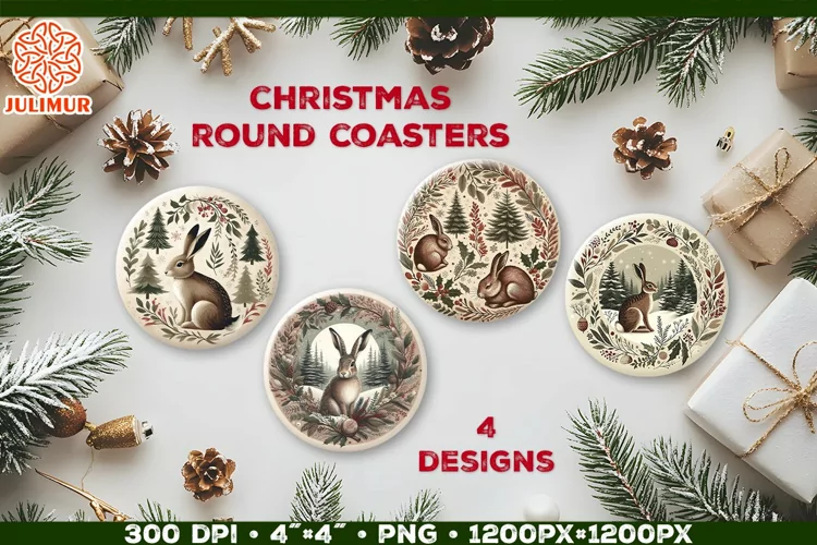Rustic Woodland Hare Christmas Coaster Sublimation Design
