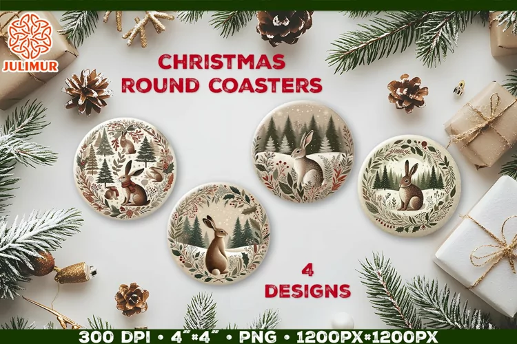 Rustic Woodland Hare Christmas Coaster Sublimation Design