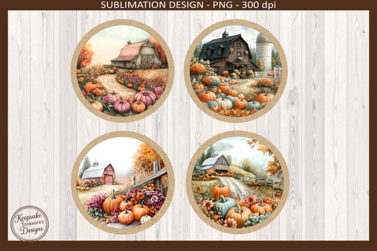 Fall Pumpkin Barn Round Coaster PNG, Harvest Farmhouse Decor