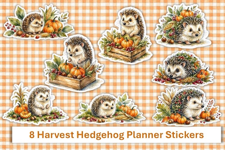 8 Cute Harvest Hedgehog Planner Stickers PNG example image 1
